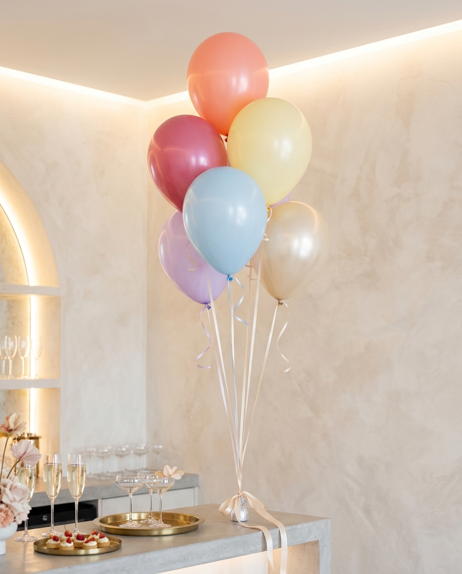 Premium helium balloon bouquet beside a champagne event bar