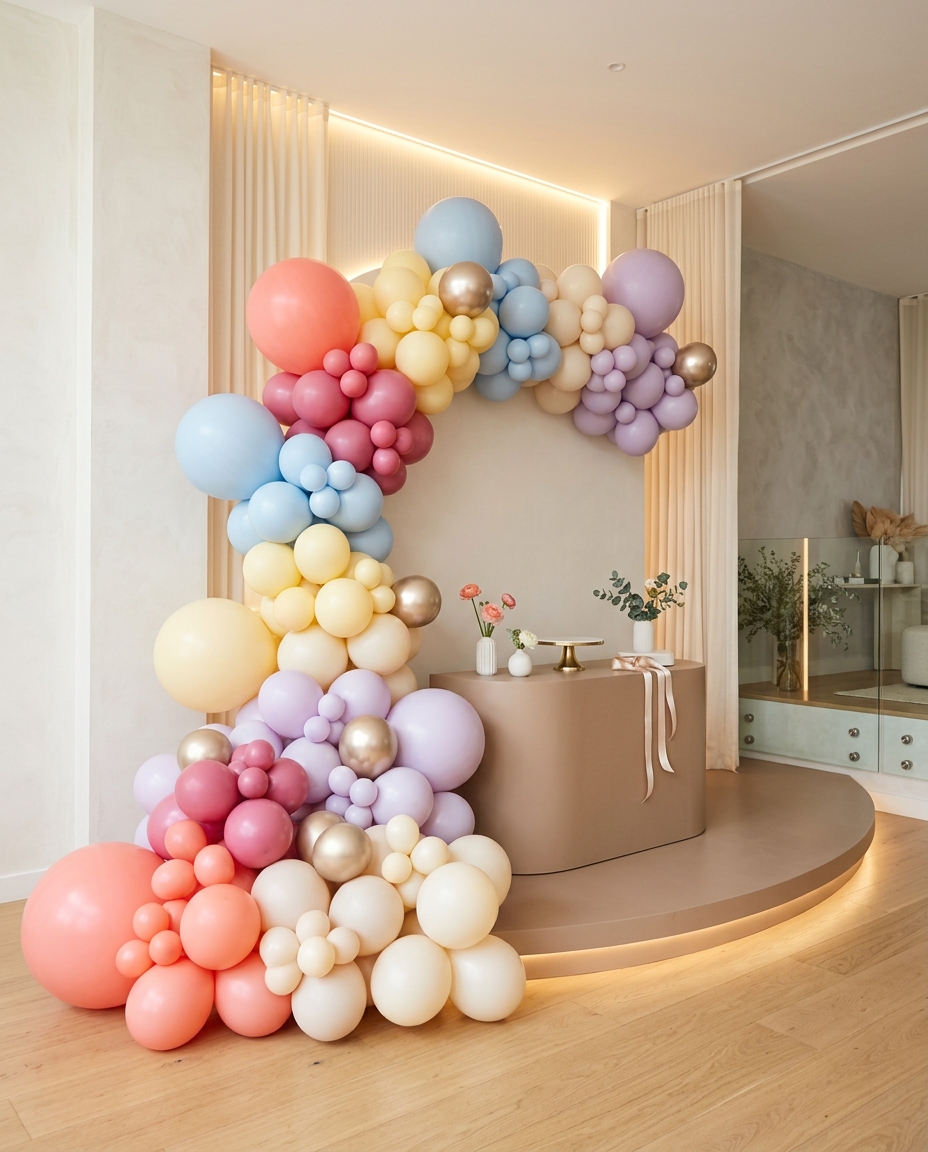 Grand balloon arch installation for a refined birthday celebration