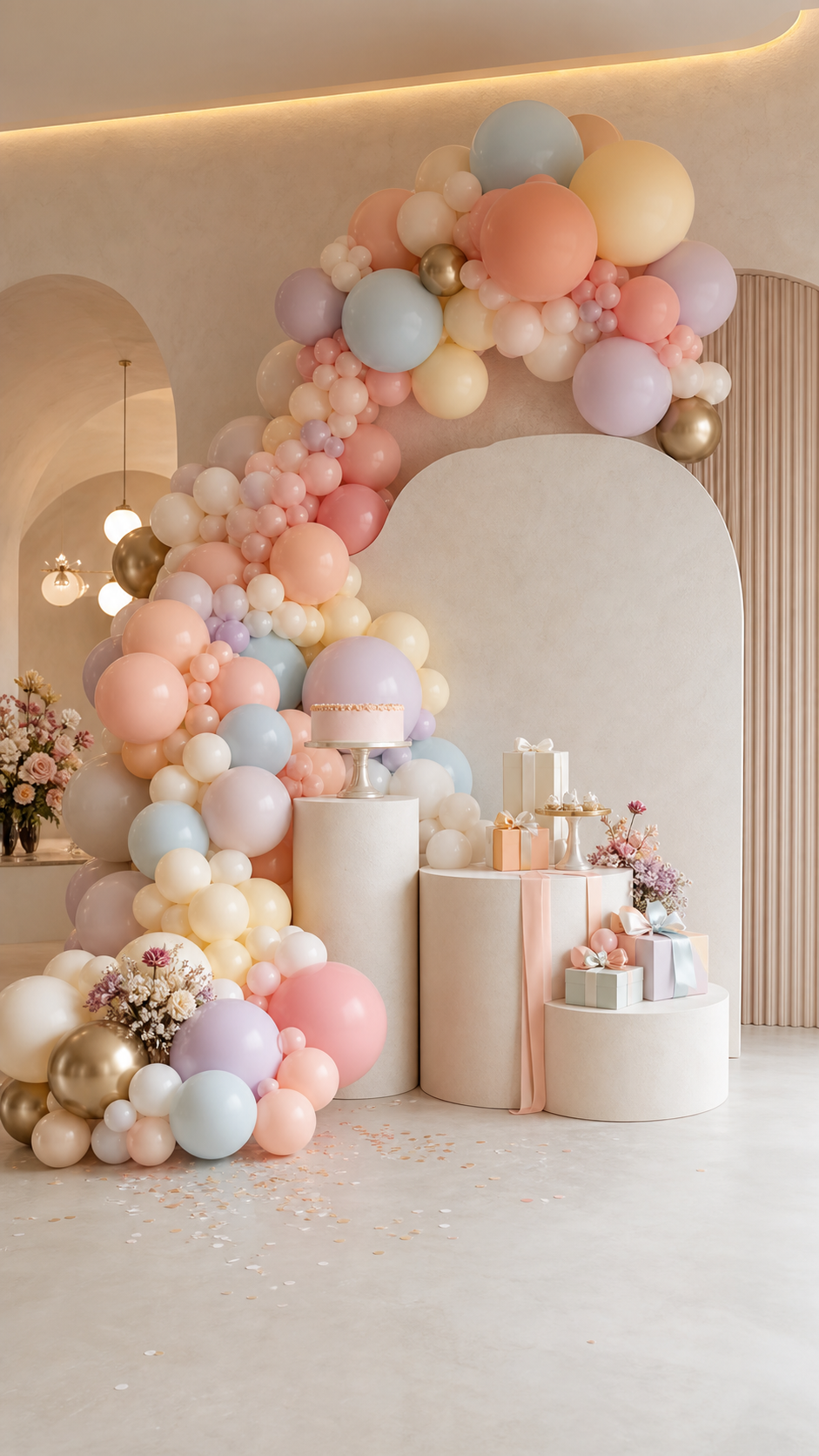 Luxury bespoke party scene with balloons and layered decor