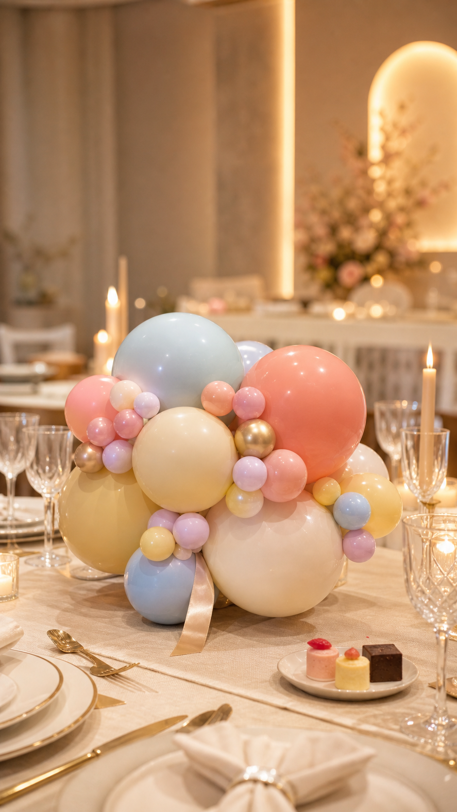 Elegant balloon and floral table centrepiece for a banquet